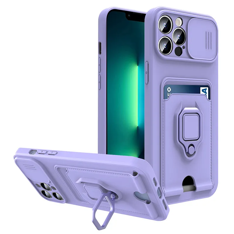 Casos de telefone magn￩ticos com bolsa de cart￣o de prote￧￣o contra lentes da c￢mera deslizante para iPhone 13 14 Pro Max 11 12 XS 7 8 iPhone 14 Plus Silicone Armour Ring Holder Choffoof Toupa