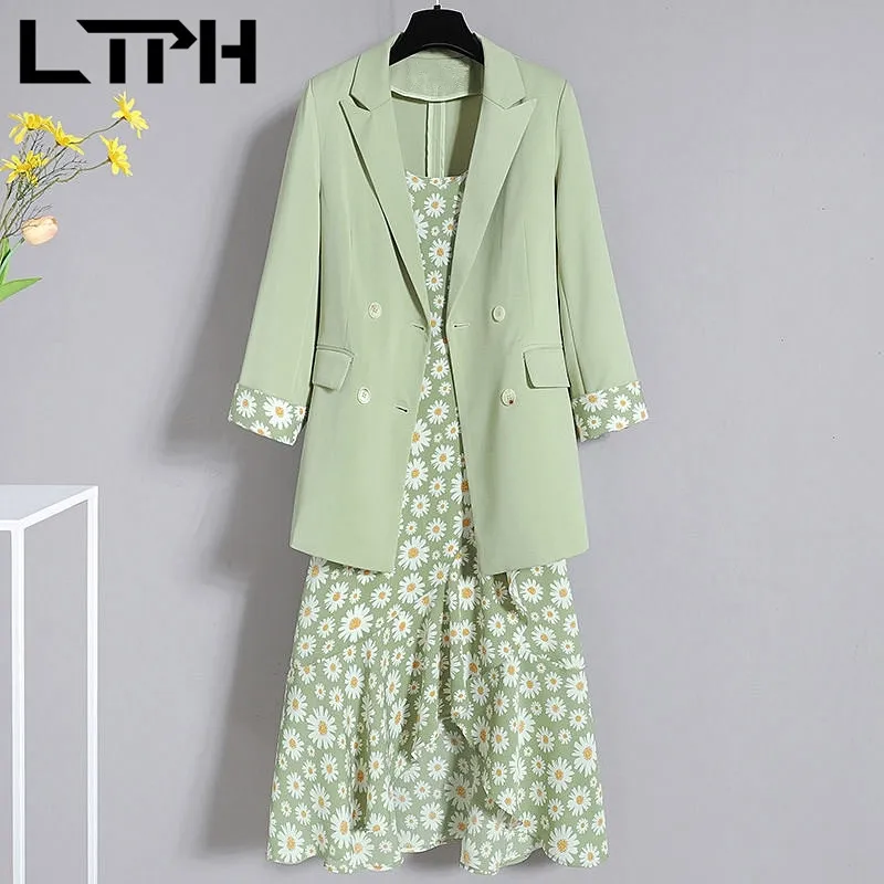 LTPH Groene Bloemen Jurk Past Plus Size Kleding 2 delige set vrouwen Dunne Blazer Binnenkant Mouwloze midi jurken Zomer W220331