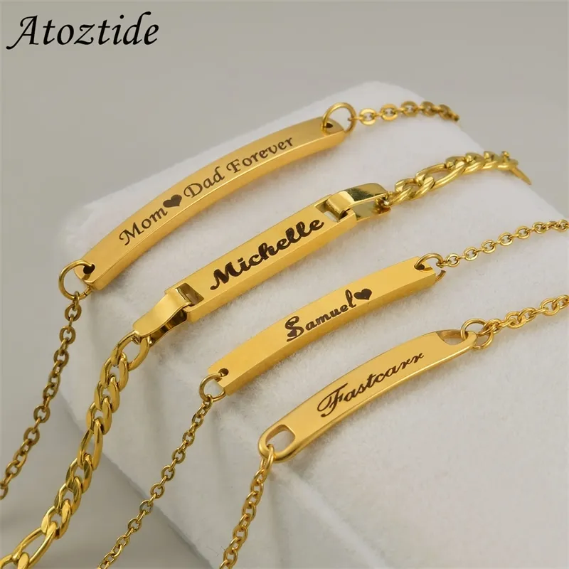 Atoztide Custom Baby Name Bar Nameplate Bracelet Para Aço Inoxidável Feminino Crianças Cadeia de Elos Ajustáveis Personalizada Jóias Presente 220716