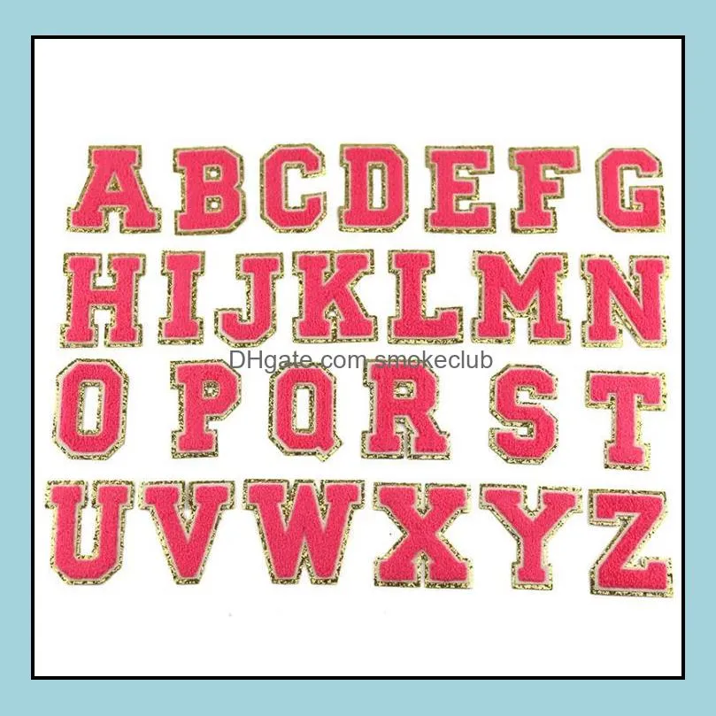 Rose Red Letters with Gold Glitter Chenille Fabric Patches Towel Embroidery Rainbow Gritt Alphabet Iron on Sticker Name Clothing DIY Lovely Bag Badge