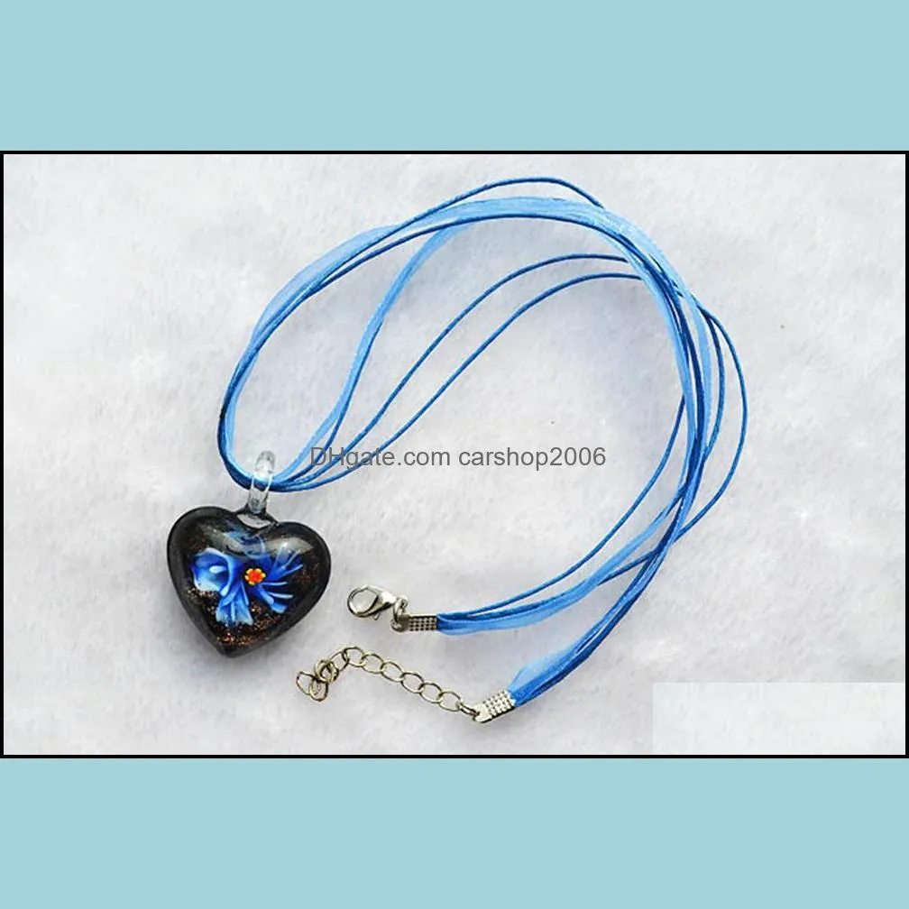 fashion heart 6 colors lampwork glass pendants inner flower murano necklace party jewelry women
