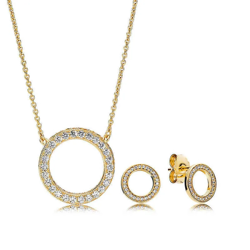 2018 NUOVO 100% argento sterling 925 brillare oro per sempre collana e orecchini set adatto ragazza europea fascino originale gioielli fai da te regalo AA220315