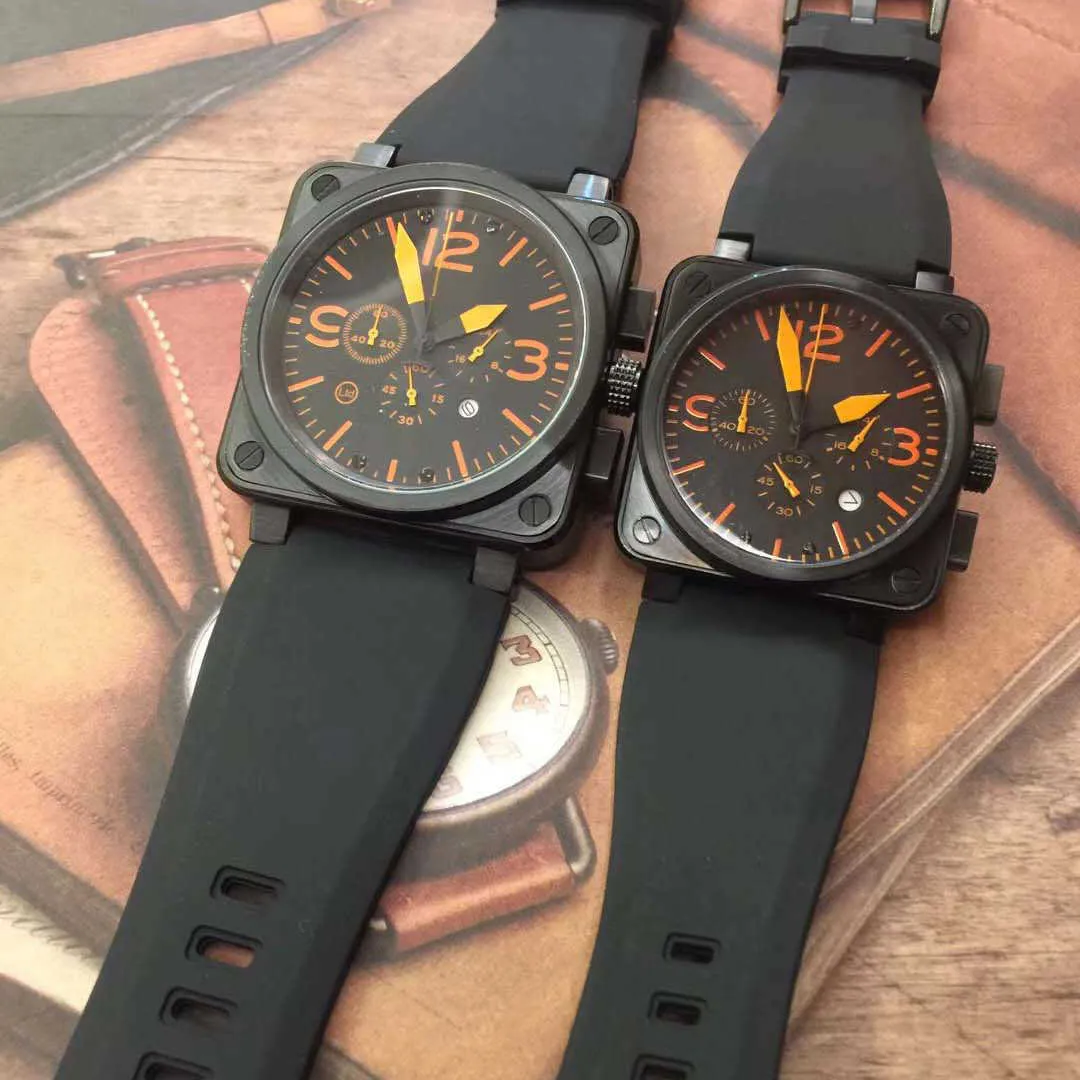 Fashion New Style Style Quartz Chronograph Stopwatch Squar Black Dial Orange Number 46MM Watch Watches Black Rubber Strap Mens Wristwatches