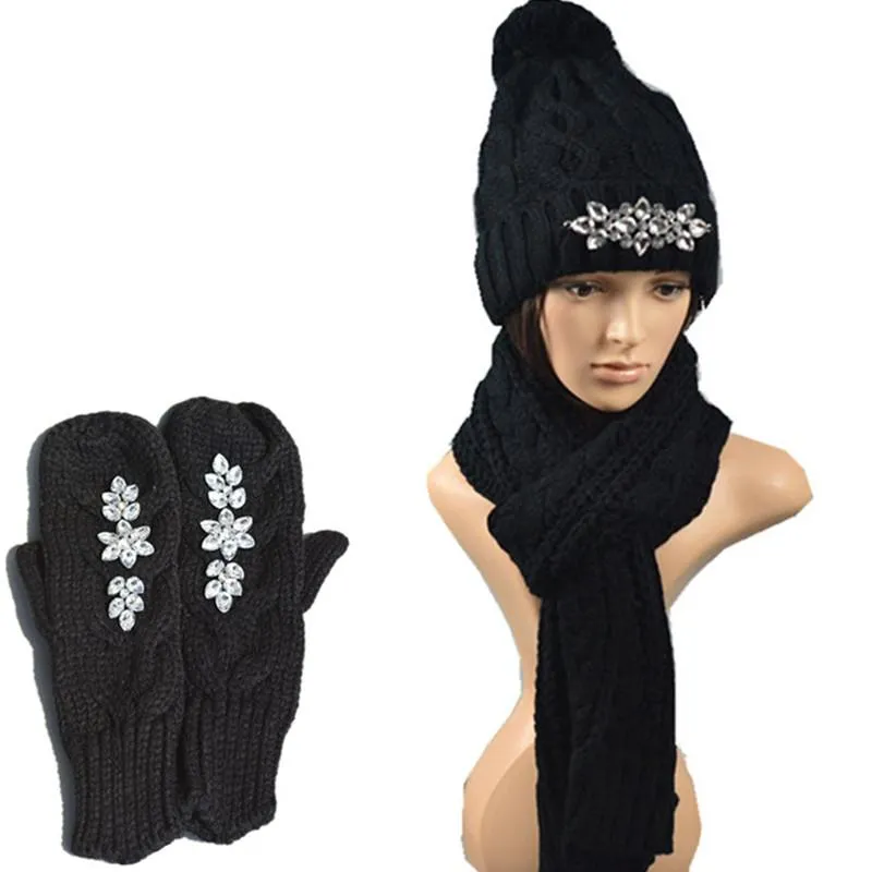 Berety Rosyjskie w stylu Kobiety Szaliki kapeluszowe Rękawiczki 3PC Ustaw ciepłe dzianinowe wełna zimowa grubsza z kryształowymi kryształowymi dhinestonerets