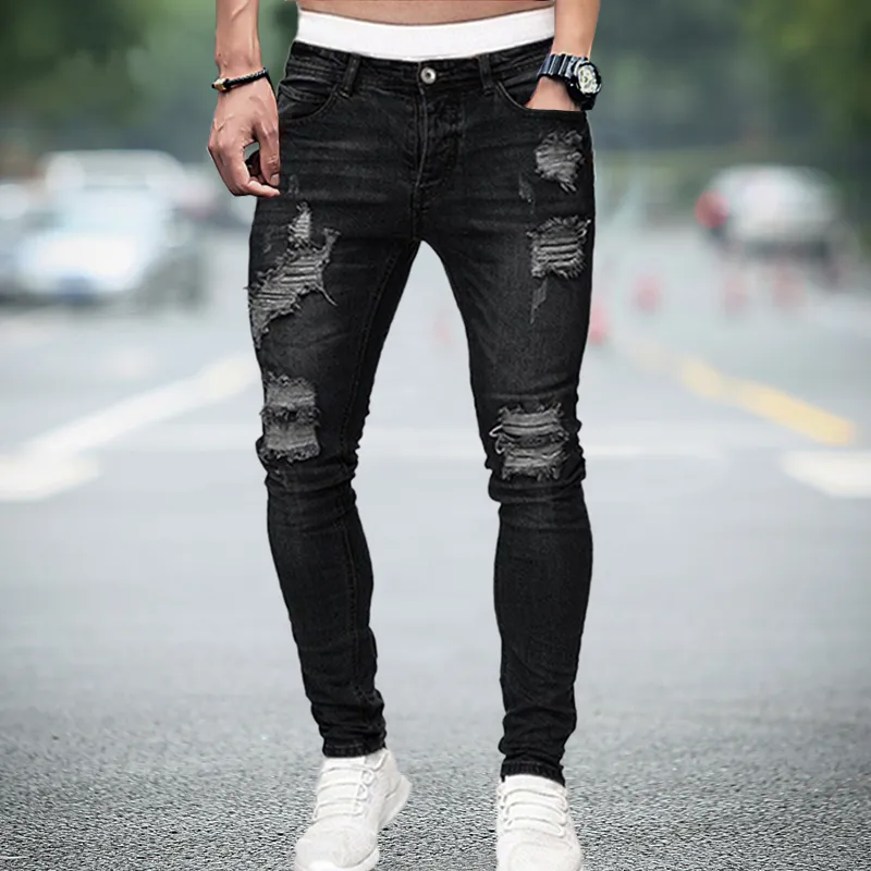 Men Purple Tie and Dye Holes Ripped Jeans Trendy Stretch Denim Slim  Straight Pants Trousers