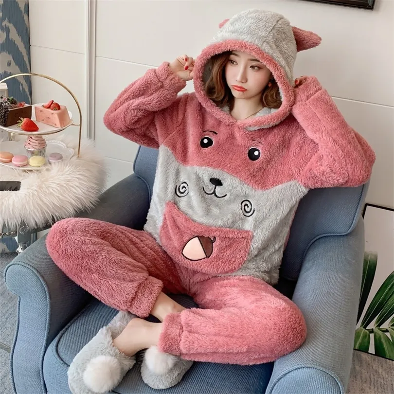 Cute Pajamas Set 2 Pieces Women Sleepwear Warm Winter Thick Coral Fleece Hooded Cartoon Girl Homewear Animal Nightie 220329