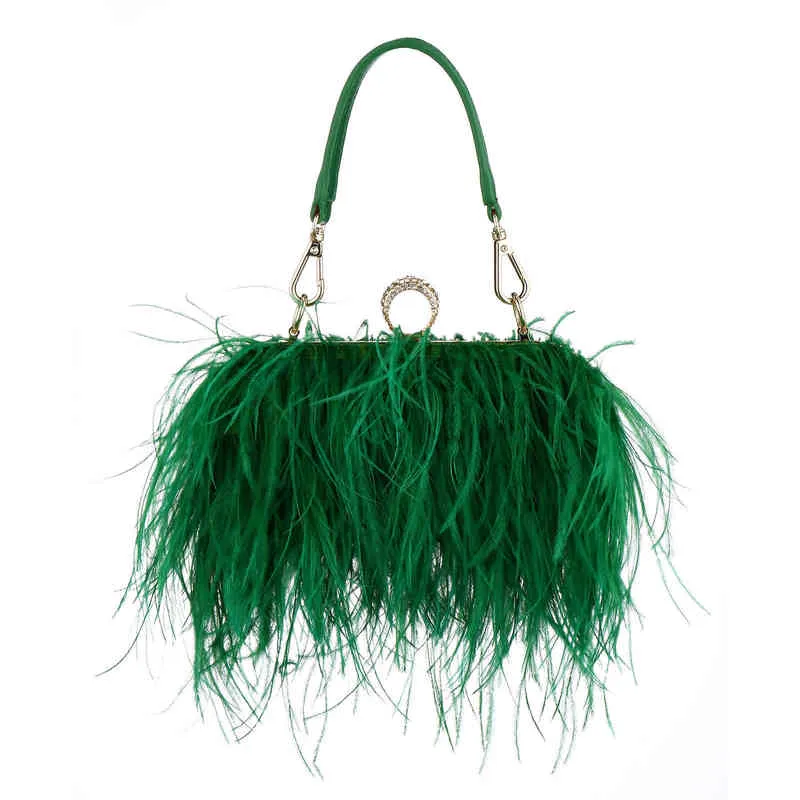 Luksusowe torebki wieczorowe ze strusich piór dla kobiet 2022 łańcuszkowa torba na ramię Crossbody Tassel Party kopertówka zielone torebki ślubne