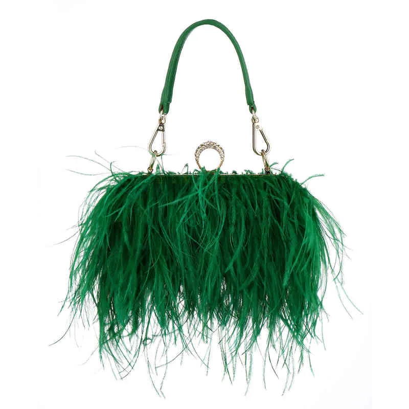 Luxury Ostrich Feather Evening Bags For Women 2022 Chain Shoulder Crossbody Bag Tassel Party Clutch Purse Green Wedding Handbags