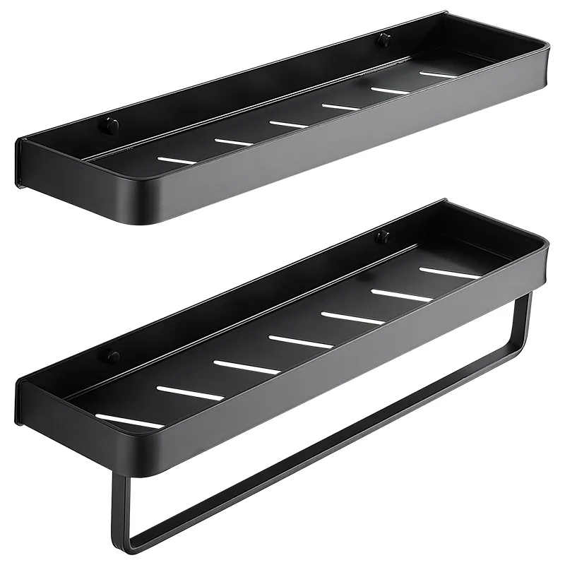 Bathroom Black Shelf with Towel Bar Space Aluminum Corner Shelves Rack Hook Shampoo Holder Kitchen Storage Y200407