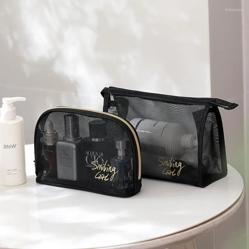 Сумки для хранения черная сетчатая косметическая сумка сетка Женщины путешествие макияж на молнии на молнии органайзер мешочек для красот