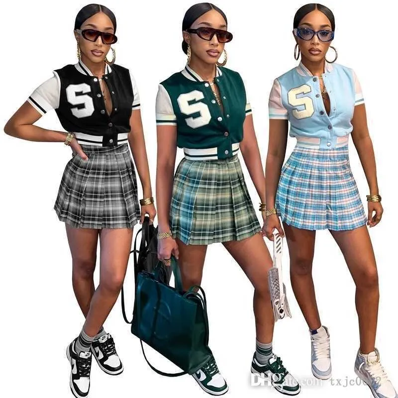 Frauen Baseball Trainingsanzüge 2022 Sommer Zwei Stück Kleid Set Kurzarm Gestickte Brief Varsity Jacke Plaid Rock Anzug