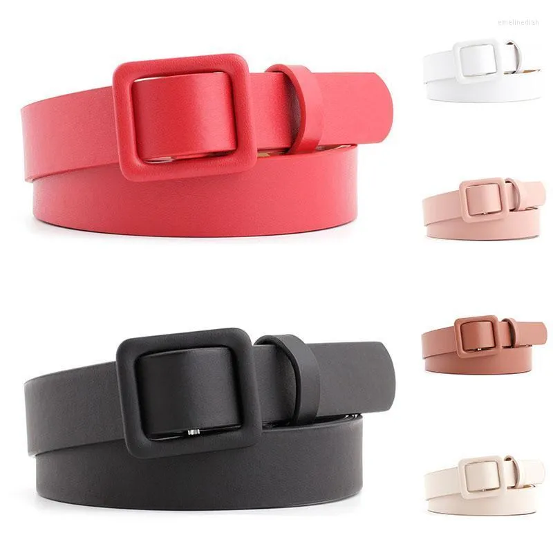 Belts 107cm PU Leather Women Waist Belt Solid Color Narrow Thin Slim Square Smooth Buckle Decorative Dress Jeans WaistbandsBelts Emel22