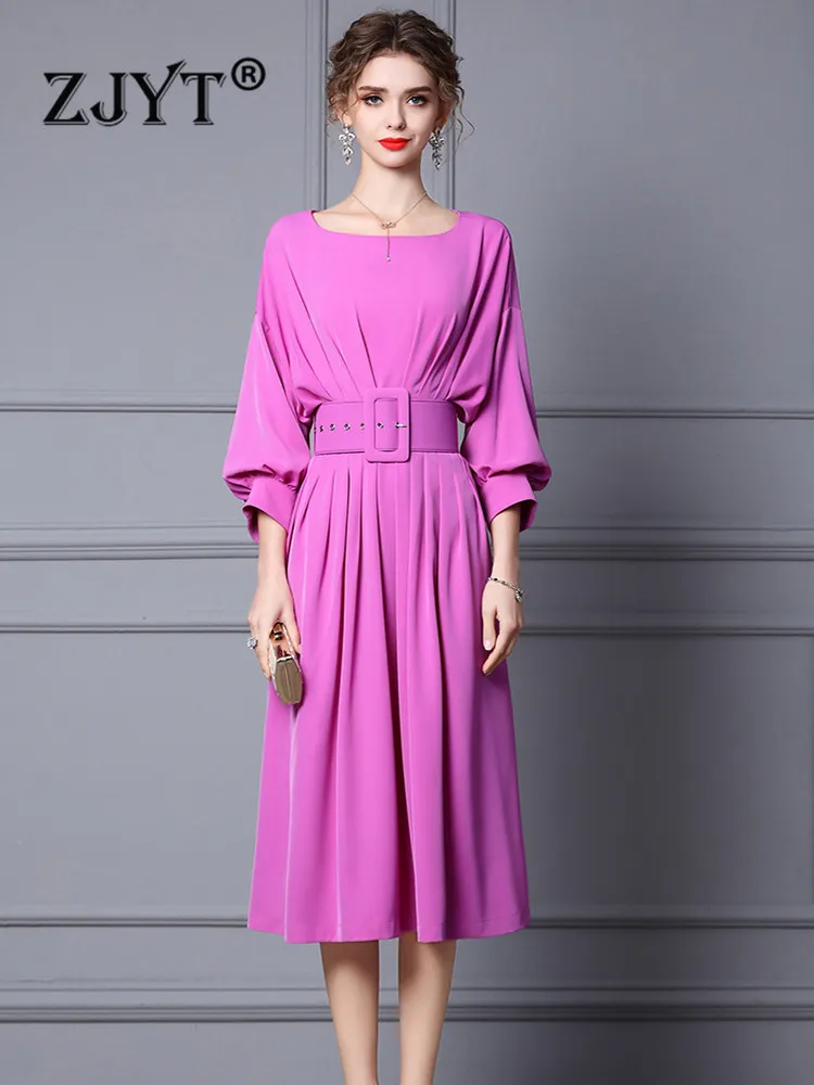 Runway Fashion Summer Midi Dress Women Elegant Lantern Sleeve Solid Casual Party Vestidos Hoge taille Aline gewaden met riem