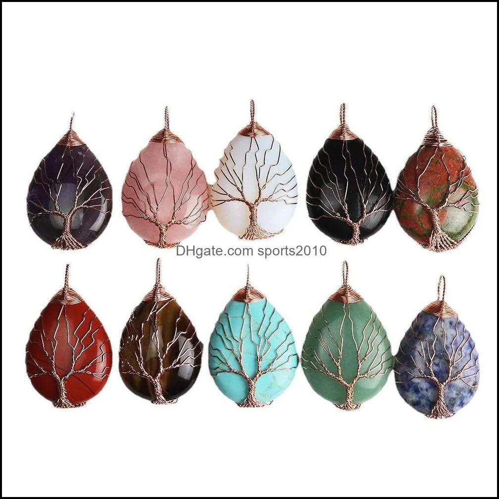 natural stone healing crystal tree of life charms waterdrop pendants rose quartz copper wire wrapped trendy jewelry making necklaces
