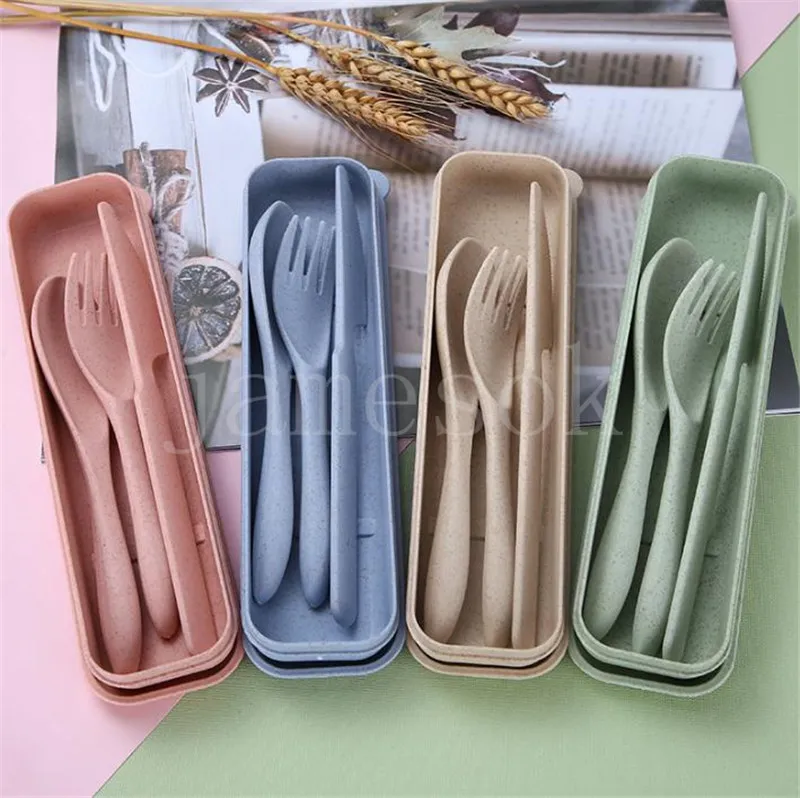 Wheat Straw Knife Fork Spoon Set Student Portable Tableware Box Cake Dessert Spoons Fruit Forks Travel 3Pcs/Set Tableware DE677