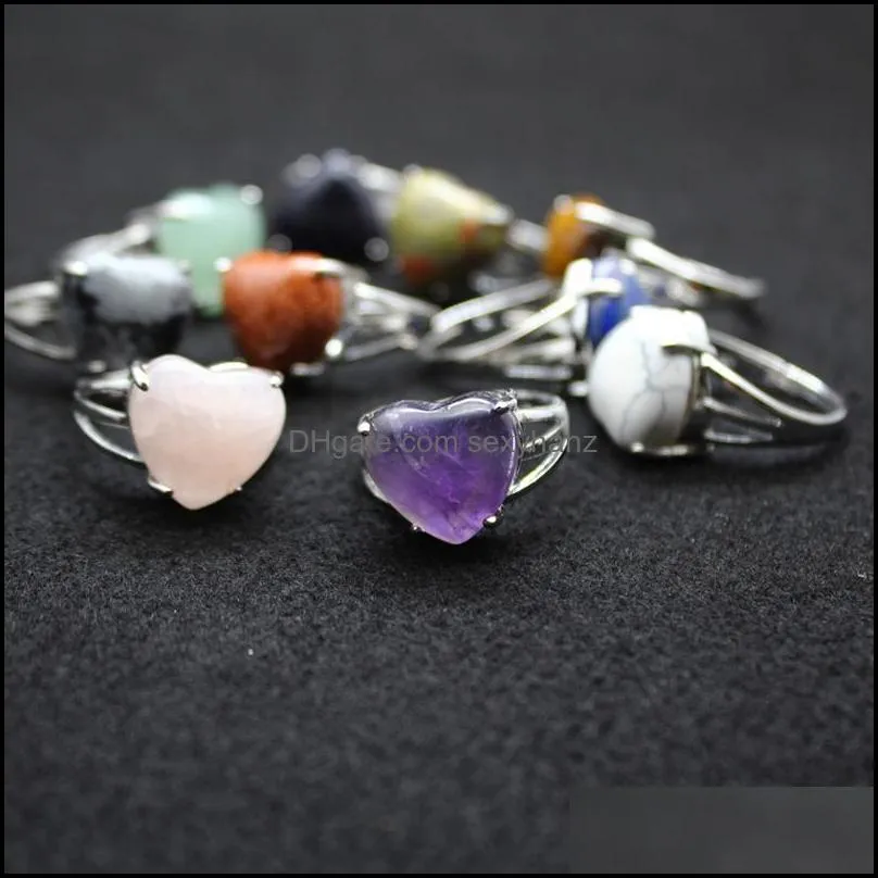 Natural Stone heart Rings Tiger`s Eye Turquoise Lapis Pink Quartz Amethyst opal Crystal Finger Ring For women jewelry