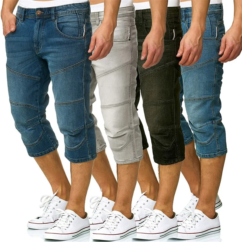 Pantaloncini jeans da uomo Pantaloncini di jeans dritti casual estivi Streetwear Pantaloni jeans larghi al ginocchio larghi maschili Tasca blu nera 220726