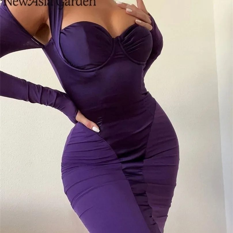 Asia Mesh Satin Dress Lång ärm se genom lapptäcke Skurna utbenade kuddar midi korsett sexiga kvinnor party bodycon es 220507