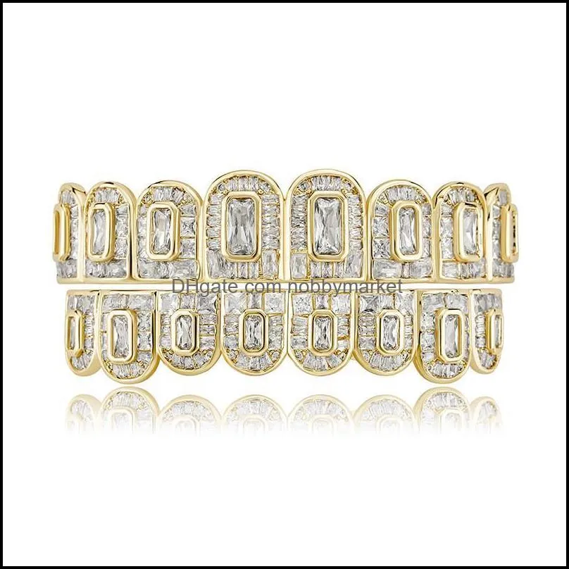 Gold Hiphop Teeth Gold Plated Bling Square CZ Diamond Hip Hop Grillz Accessories Cool Hip-Hop Tooth Jewelries