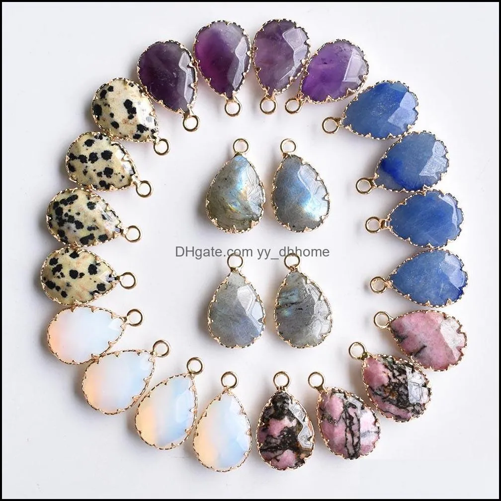 Natural Stone charms Shimmer amethysts section water drop shape gold color Connector pendants for necklace jewelry making