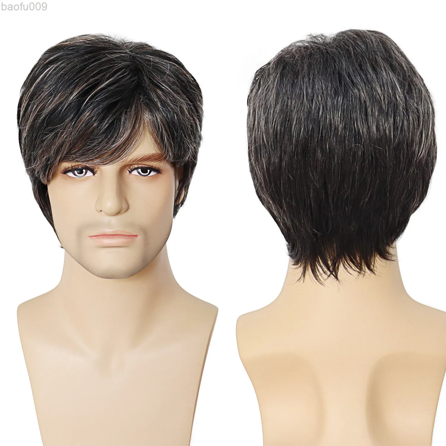 Gnimegil syntheitc wig man guy القصور السوداء مزيج أبيض أبيض للرجال شعر مستعار حلاقة الشعر الطبيعية مع هدايا الأب المهر لجد L220809