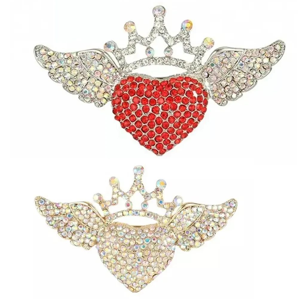 20 pièces/lot prix de gros bijoux de mode broches cristal strass aile coeur avec couronne ange broche pour décoration/cadeau