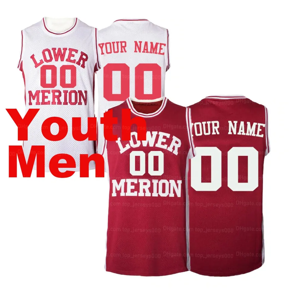 Custom Men Youth Kids Bryant # 33 Lower Merion Basketball Jersey Heren Stitched White Red Any Name Number Personaliseer Topkwaliteit