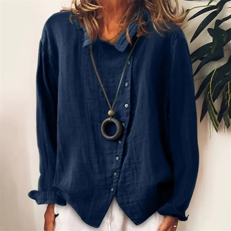 Nya kvinnor bomullslinne blusskjortor Autumn Turn-down krage-knapp Öppen Stitch Top Elegant Long Sleeve Solid Bluses 201202