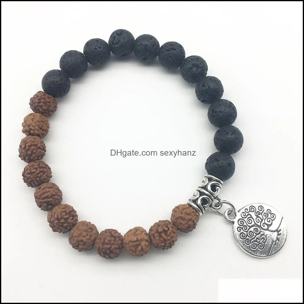 SN1310 Women`s Tree of Life Bracelet Natural Lava Stone Bracelet Balance Meditati Healed Rudraksha Bracelet Jewelry Wholesale