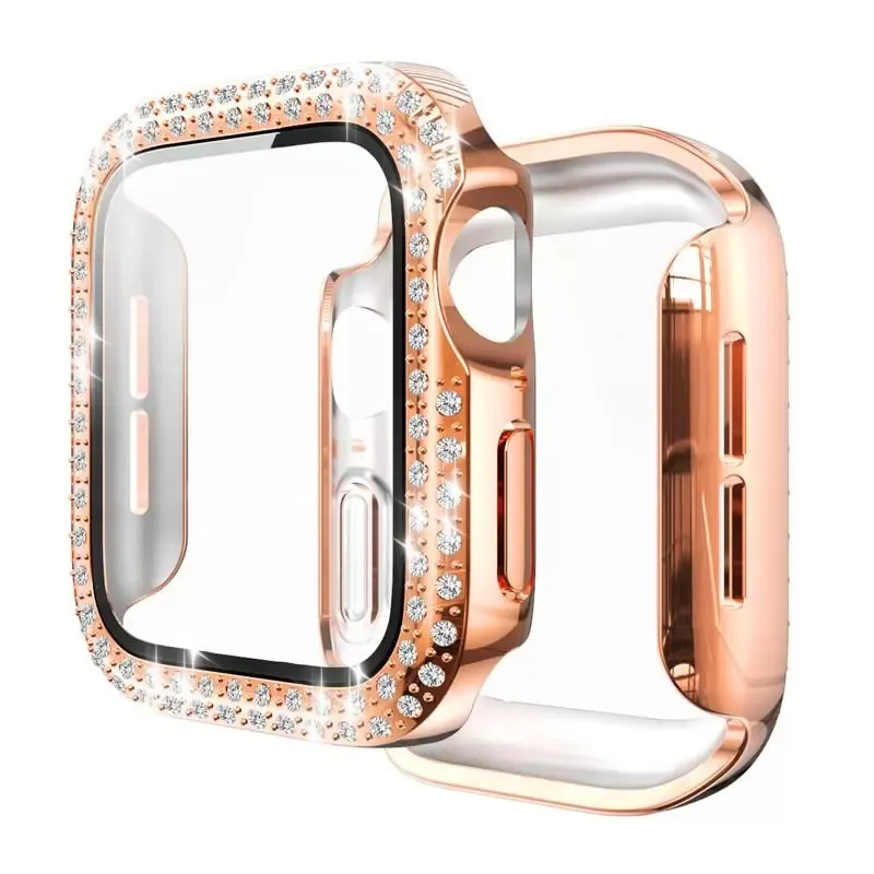 Double Row Diamond Watch Case For Apple Watch 38mm 40mm 41mm 42mm 44mm 45mm PC tpu Integrated Tempered Glass Film Full Screen Protector Cover Iwatch Series 7 6 5 4