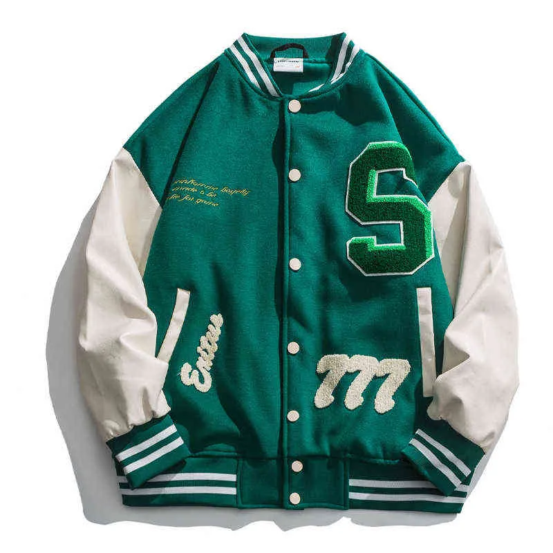 High Street Baseball Jacket Мужчины PU Кожаное Сращивание Полотенце Вышивка Университетские Куртки Старинные Свободные Причинные Пальто Пара Зеленая Куртка T220816