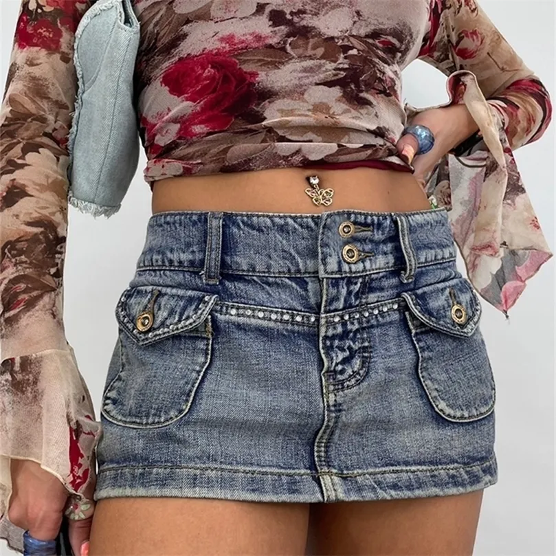 Rockmore WomenS Jeans Skirt Y2K Vintage Low Waist Mini Skirt Korean Harajuku Short Denim Skirt Straight Sexy Summer Streetwear 220701