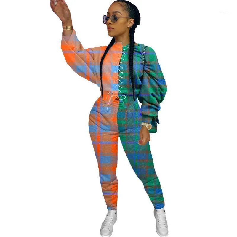 Damskie dresy 2022 Plaid Patchwork Set Set Streetwear Casualne stroje Zimowe jesienne ubrania dla kobiet bluzy Top Spits Tracksuit