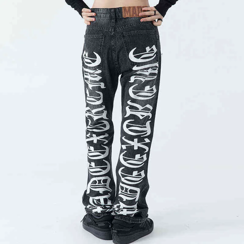 Lettre complète Imprimer Hommes Jeans Hip Hop High Street Ripped Straight Skinny Jeans Hommes Noir Blanc Rétro Patchwork Denim Pantalon T220803