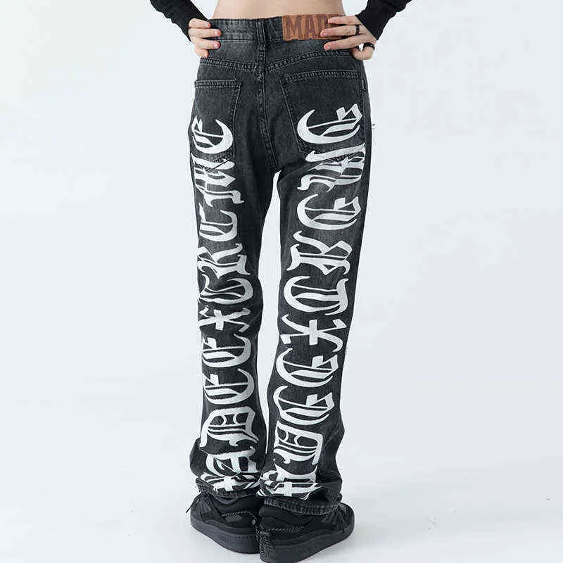 Full Letter Print Men Jeans Hip Hop High Street Ripped Straight Skinny Jeans Men Black White Retro Patchwork Denim Trousers T220803