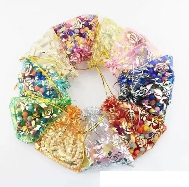 Kleurrijke gouden roos transparante pakketten Drawstring zakje Sachet Organza Gift Bag voor sieraden trouwfeest kralen verpakking