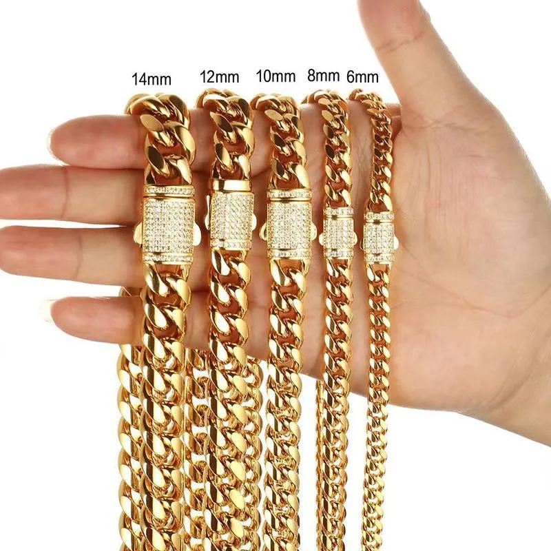 Catene 6-14mm Acciaio inossidabile Rotondo Cubano Miami Collane CZ Zircon Box Lock Grande catena d'oro pesante per uomo Hip Hop Rapper JewelryChains