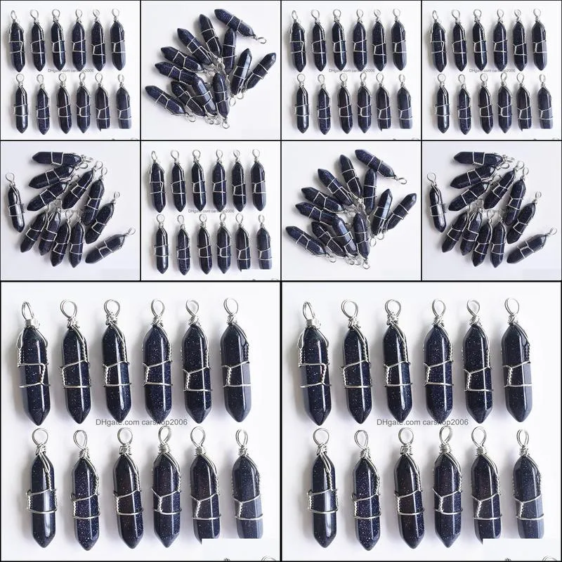 silver wire natural stone blue sand charms hexagonal healing reiki point pendants for jewelry making carshop2006