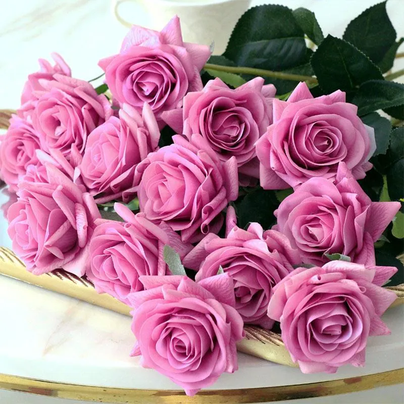 Flores decorativas grinaldas 7pcs/lot decoração artificial rosa seda látex floral toque real buquê de casamento diy partido em casa floresdecora