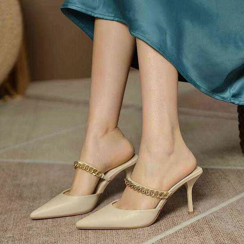 Neue Damen-Kettengürtel-Pantoletten-Schuhe, braune Stiletto-elegante, spitze Zehen-Mary-Jane-Schuhe für weibliche Hausschuhe, Damen-Hige-Heels-Kleid-Schuhe G220527