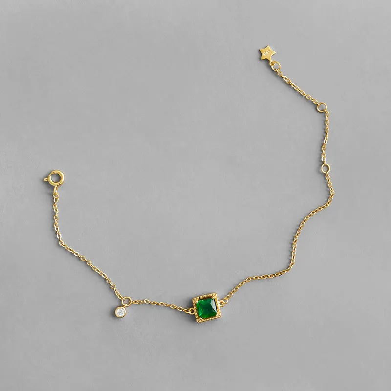 Authentic 925 Sterling Silver Simple Emerald Crystal Charm Bracelet For Women Girls Wedding CZ Zircon Geometric Bracelets
