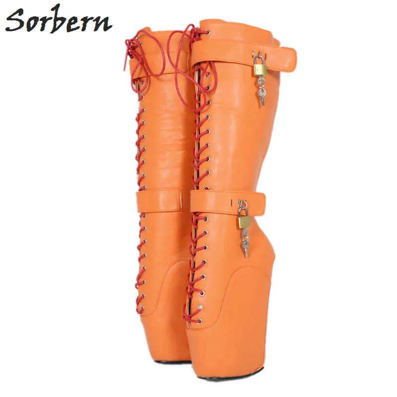 Sorbern Beginner Heelless Mid Calf Boots Women Plus Size Sexy Fetish Shoe Pinup Ballet Lockable Wedge Boot Orange Matt