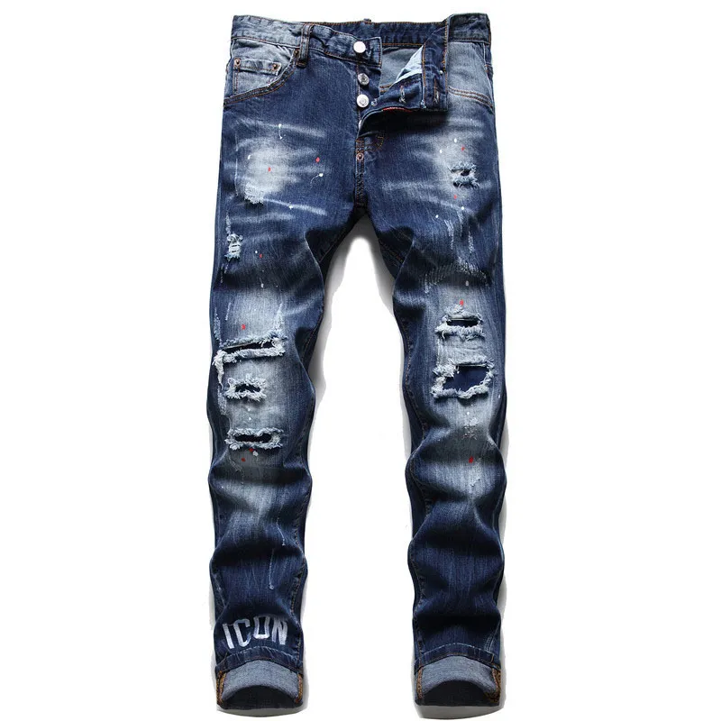 Gescheurde Patch Jeans Designer Men Skinny Pants Moto Bikers Autumn Winter Rechte Slim Fit Lange broek met klassieke rits trendy punk rockerkleding