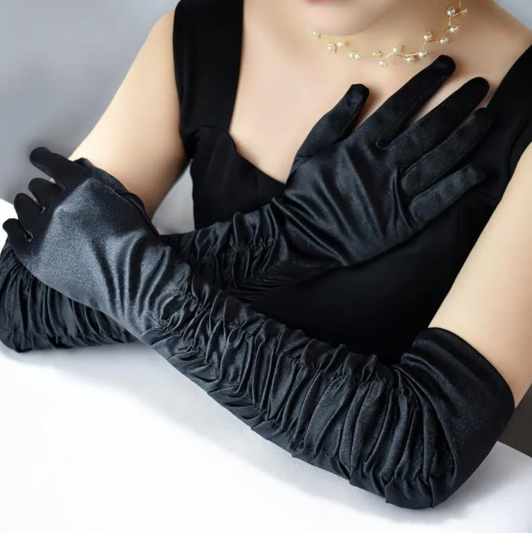 1920s Party Gloves for Women Long Satin Opera Glove Costume Accessories Shirred Elbow Gloves Evening Cosplay Mittens Black Red White