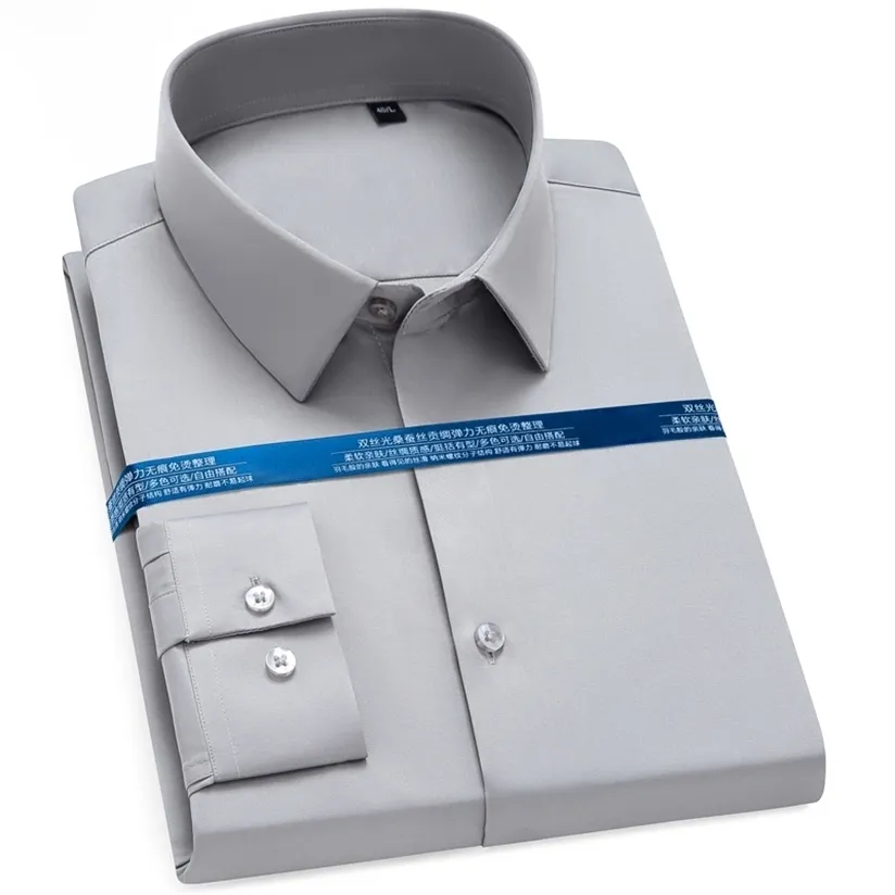 Heren klassieke stretchy zijdeachtig niet-ijzeren jurk shirt pocketless business office lange mouw standaard-fit rimpel gratis casual shirts 220330