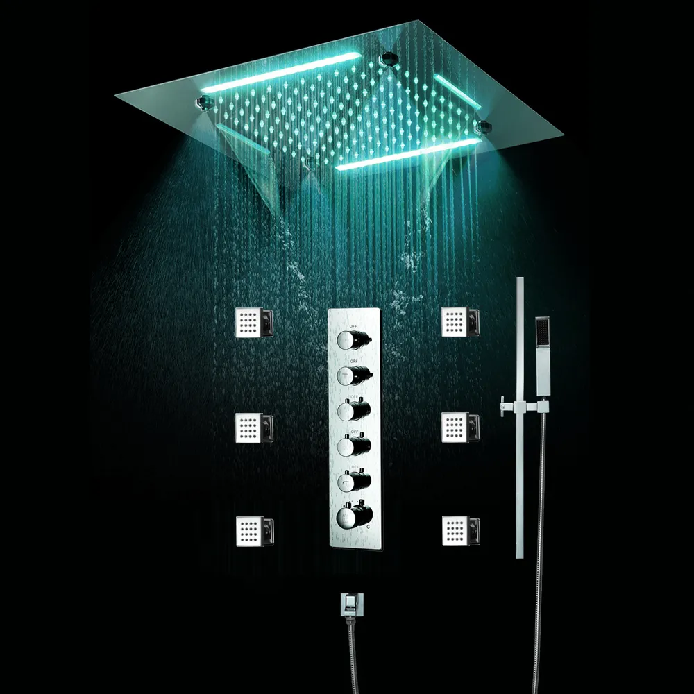 20 Inch Ceiling LED Shower Set With Sliding Bar, Thermostatic Rainfall