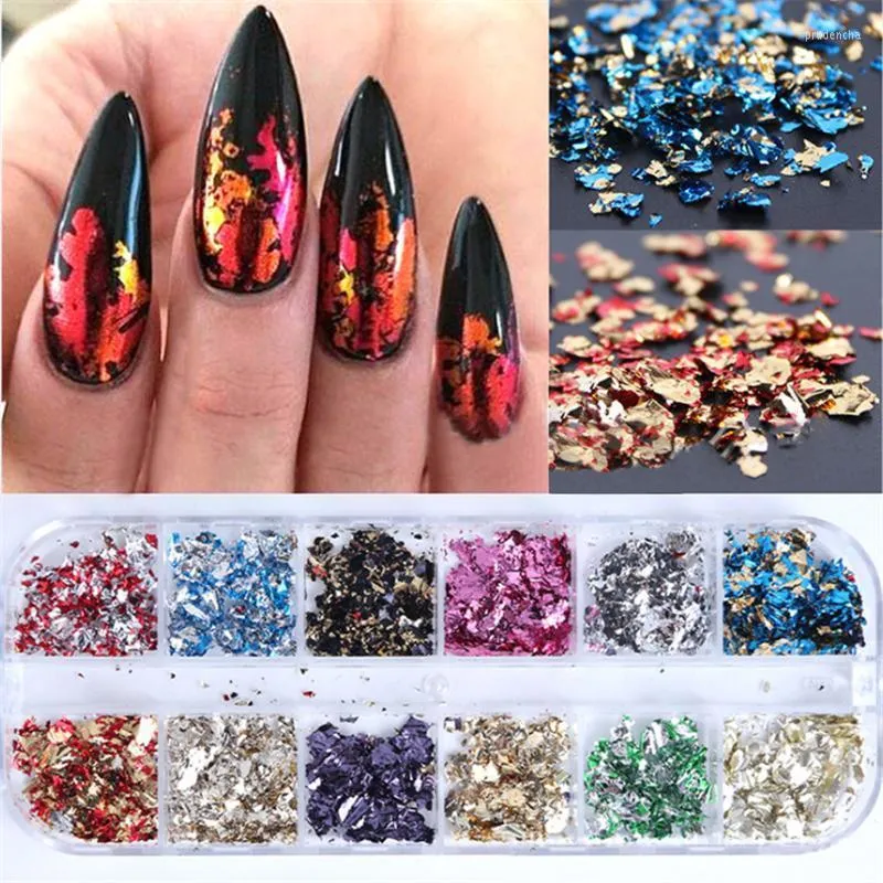 Paznoką brokat 12 siatka/zestaw lub 1 słoik kolorowy aluminium nieregularny holograficzny folia cekina proszkowa płatek lustra Paillette manicure DIY Prud22