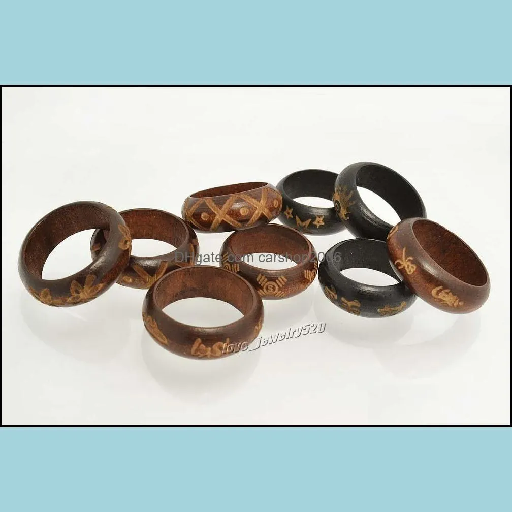 jewelry ring 100pcs grave hieroglyphs natural wood band fashion rings 18-20mm wholesale lots bulk 100pcs lot