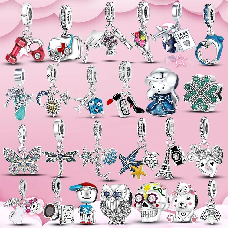 925 Sterling Silber Anhänger Charms für Pandora Originalverpackung Schmetterling Eule Katze Pfote Charm Schildkröte Delphin Schädel Herz Blume Perlenarmband Halskette Schmuckherstellung