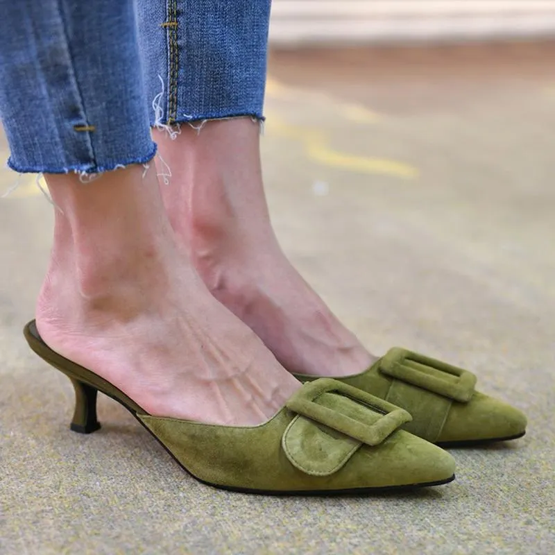 Sandals Woman Summer Lady Mules Big Size 42 Basic Style Shoes Kid Suede French Buckle Slippers Women Pump Pointed ToeSandals